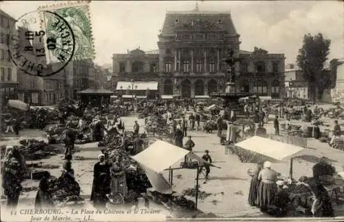 Ak Cherbourg Octeville Manche, La Place du Chateau und das Theater, Marktplatz