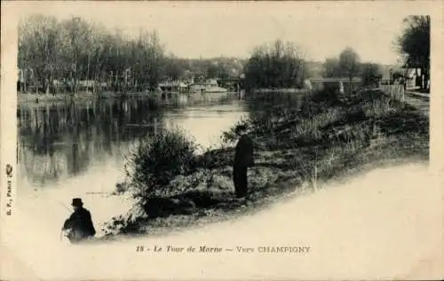 Ak Champigny sur Marne Val de Marne, Flusslandschaft, Spaziergänger, Bäume, Ruhe, Natur