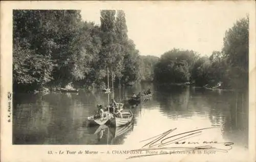 Ak Champigny sur Marne Val de Marne, Flusslandschaft, Boote, Fischer, Bäume