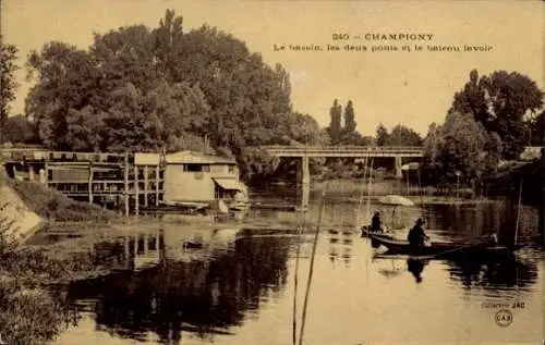 Ak Champigny sur Marne Val de Marne, Blick auf das Wasser, zwei Brücken, Waschboot