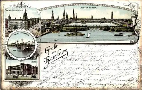 Litho Hamburg, Alsterbassin, Post, Lombardsbrücke, Börse