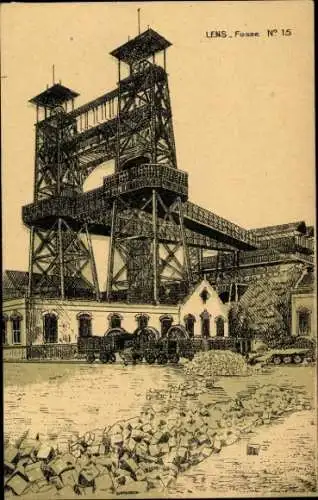 Ak Lens Pas de Calais, Zeichnung von der Förderanlage, Fosse N° 15, mehrere Lkw, Steinbruch