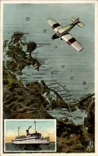 Landkarten Ak Ostsee, Stettiner Haff, Flugzeug, Dampfer
