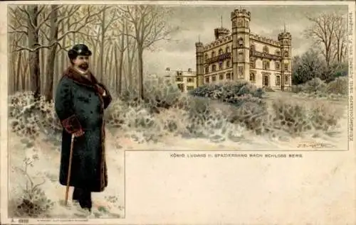 Künstler Litho König Ludwig II. von Bayern, Spaziergang nach Schlossberg