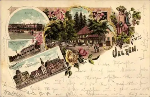 Litho Uelzen in Niedersachsen, Bahnhof, Realprogymnasium, Viehversicherungsbank, Postamt, Fischerhof