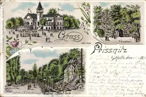 Litho Halle an der Saale, Peissnitz, Gastwirtschaft, Felsentor, Garten, Felsentreppe