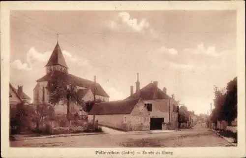 Ak Pellevoisin Indre, Kirche, Gebäude, Straße, ländliche Szenerie, sonniger Himmel