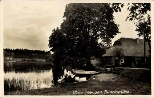 Ak Ohorn in Sachsen, Restaurante Obermühle, idyllischer See, Boote, Bäume, schöne Landschaft