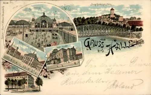 Litho Halle an der Saale, Bahnhof, Burg Giebichenstein, Theater, Rathaus, Franke Stiftung