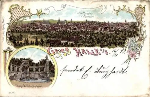 Litho Halle an der Saale, Gesamtansicht, Kaiser Wilhelm Denkmal