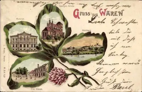 Kleeblatt Litho Waren an der Müritz, Museum, Georgenkirche, Mühlberg, Alter Markt