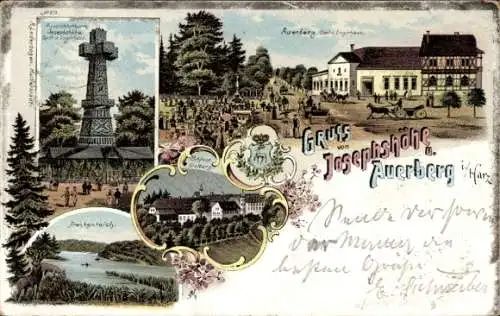 Litho Südharz, Aussichtsturm Josephshöhe, Auerberg, Aussichtsturm, Gasthaus, Schloss