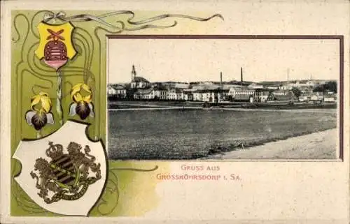 Präge Wappen Ak Großröhrsdorf in Sachsen, Gesamtansicht der Ortschaft, Kirche, Schornsteine