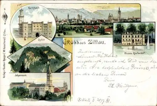 Litho Zittau in der Oberlausitz, Rathaus, Berg Oybin, Weinau Restaurant, Johanneum