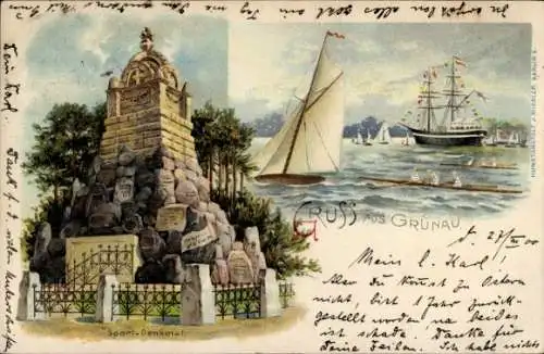 Litho Berlin Grünau, Sport-Denkmal, Segelboot, Ruderboote