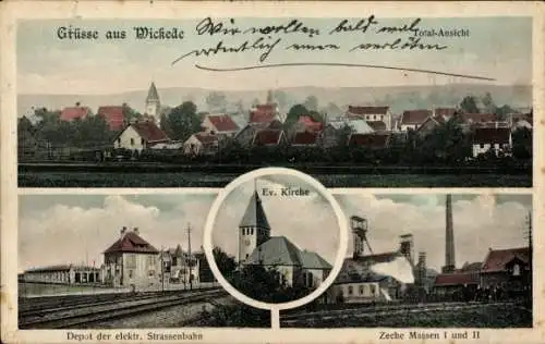 Ak Wickede Dortmund im Ruhrgebiet, Gesamtansicht, Zeche Massen I und II, Kirche, Straßenbahn-Depot