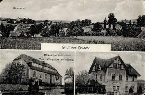 Ak Rachlau Kubschütz in der Oberlausitz, Panoramaansicht, Gruß aus  Materialwarenhandlung, Christ
