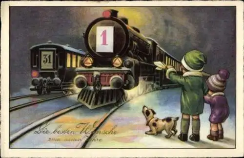 Künstler Ak Bertiglia, Glückwunsch Neujahr, Kinder am Bahnhof, Eisenbahnen, Kalender