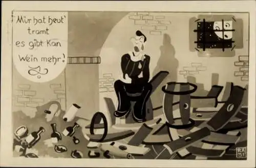 Künstler Ak Trauriger Mann ohne Wein, Mir hat heut tramt es gibt kan Wein mehr