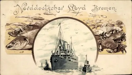 Passepartout Litho Dampfschiff Norddeutscher Lloyd Bremen, Fische, Krabben