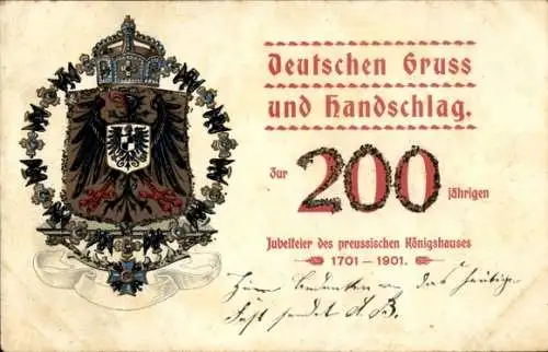 Glitzer Wappen Litho Deutscher Gruß und Handschlag, 200 Jahre Preußisches Königshaus 1901