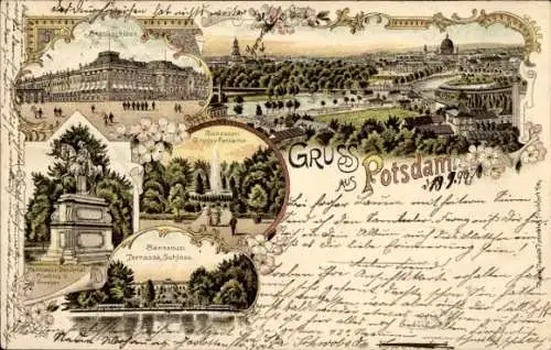 Litho Potsdam, Stadtschloss, große Fontaine, Sanssouci, Denkmal, Totalansicht