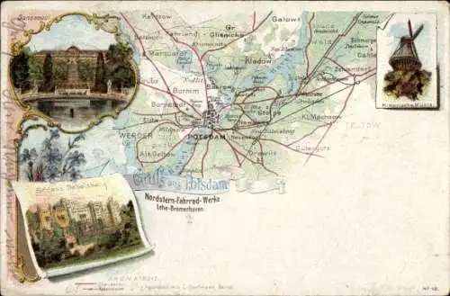 Landkarten Litho Potsdam in Brandenburg, Sanssouci, Schloss Babelsberg, Windmühle