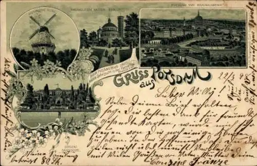 Mondschein Litho Potsdam, Schloss, Panorama vom Brauhausberg gesehen, Windmühle