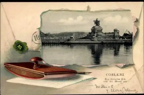 Präge Passepartout Ak Koblenz am Rhein, Deutsches Eck von der Mosel aus, Schreibfeder, Tintenlöscher