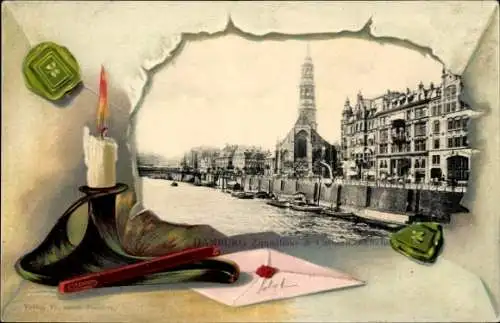 Präge Passepartout Ak Hamburg, Zippelhaus, Catharinenkirche, Brief, Kerze, Siegelwachs