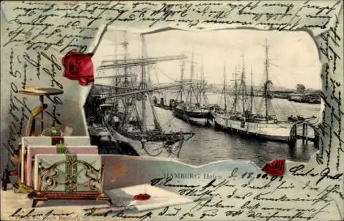 Präge Passepartout Ak Hamburg, Hafen, Segelschiffe, Briefe, Briefwaage, Brieföffner