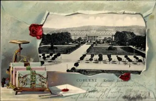 Präge Passepartout Ak Koblenz am Rhein, Kaiserliches Schloss, Briefe, Briefwaage, Brieföffner
