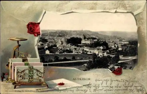Präge Passepartout Ak Altkirch Elsass Haut Rhin, Gesamtansicht, Briefe, Briefwaage, Brieföffner