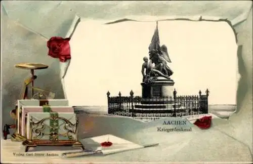 Präge Passepartout Ak Aachen, Kriegerdenkmal, Briefe, Briefwaage, Brieföffner