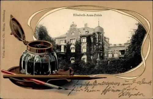 Präge Passepartout Ak Oldenburg, Elisabeth Anna Palais, Tintenfass, Schreibfeder, Bleistift