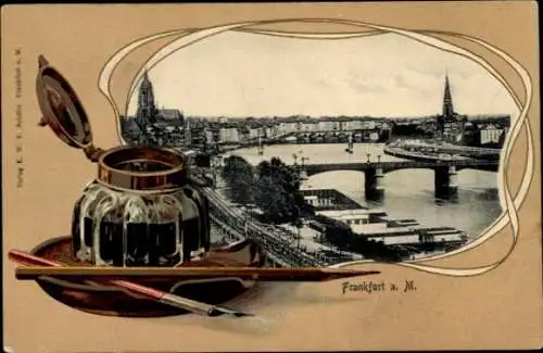 Präge Passepartout Ak Frankfurt am Main, Stadtpanorama, Tintenfass, Schreibfeder, Bleistift