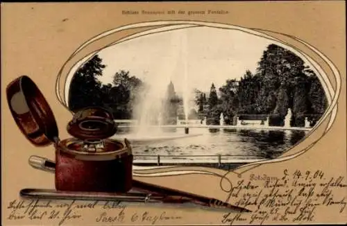 Präge Passepartout Ak Potsdam, Schloss Sanssouci, große Fontaine, Tintenfass, Schreibfedern