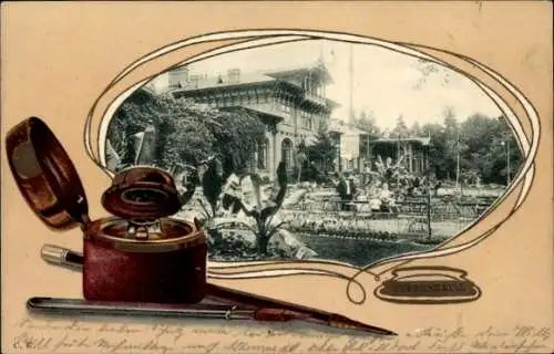 Präge Passepartout Ak Herrenkrug Magdeburg, Gastwirtschaft, Tintenfass, Schreibfedern
