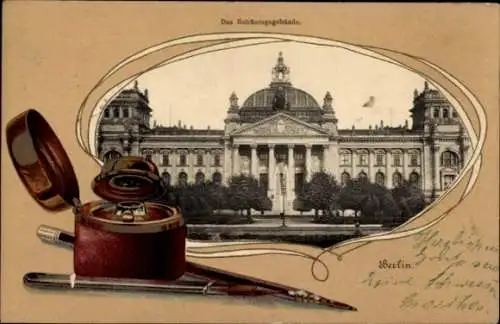 Präge Passepartout Ak Berlin Tiergarten, Reichstagsgebäude, Tintenfass, Schreibfedern