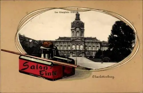 Präge Passepartout Ak Berlin Charlottenburg, Königl. Schloss, Tintenfass Salon-Tinte, Schreibfeder
