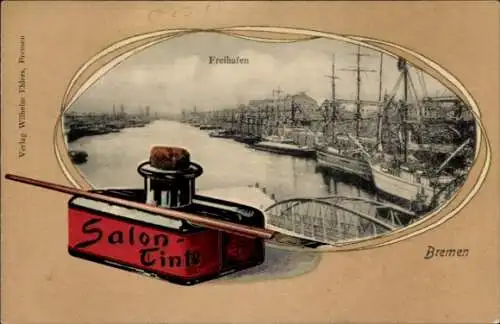 Präge Passepartout Ak Bremen, Freihafen, Segelschiffe, Tintenfass Salon-Tinte, Schreibfeder