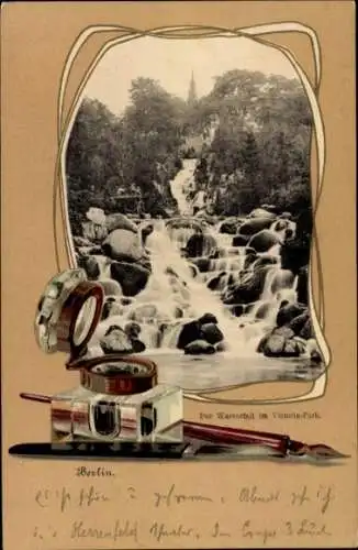 Präge Passepartout Ak Berlin Kreuzberg, Wasserfall im Victoriapark, Tintenfass, Schreibfeder
