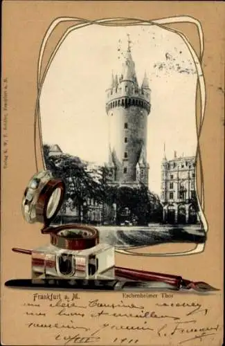 Präge Passepartout Ak Frankfurt am Main, Eschenheimer Tor, Tintenfass, Schreibfeder