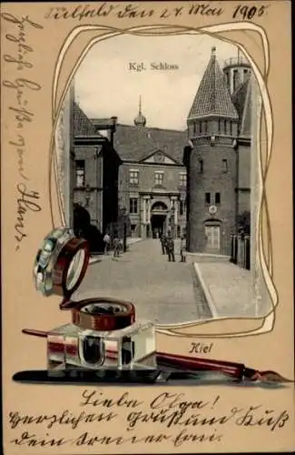 Präge Passepartout Ak Kiel, Kgl. Schloss, Tintenfass, Schreibfeder