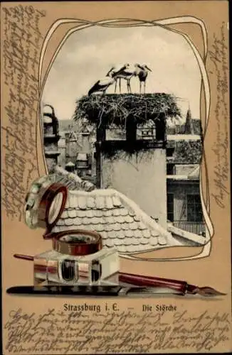 Präge Passepartout Ak Straßburg Elsass Bas Rhin, Störche, Storchennest, Tintenfass, Schreibfeder