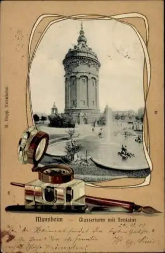 Präge Passepartout Ak Mannheim in Baden, Wasserturm, Fontaine, Tintenfass, Schreibfeder
