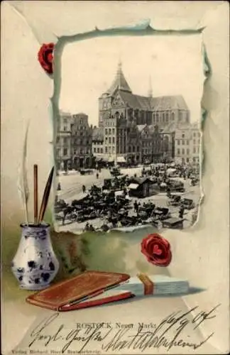 Präge Passepartout Ak Hansestadt Rostock, Neuer Markt, Marienkirche, Tintenfass, Federkiel