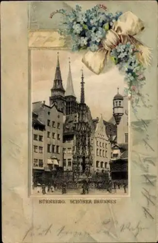 Präge Passepartout Ak Nürnberg in Mittelfranken, Schöner Brunnen, Vergissmeinnicht