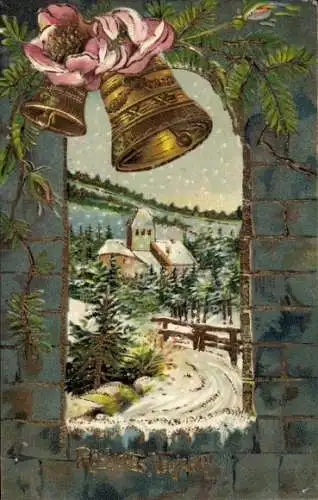 Ak Glückwunsch Neujahr, Glocken, Tannenzweige, Schnee, Kirche