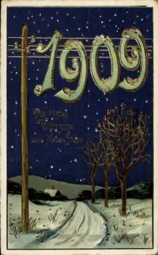 Präge Ak Glückwunsch Neujahr 1909, Schnee, Winter, Stromleitung